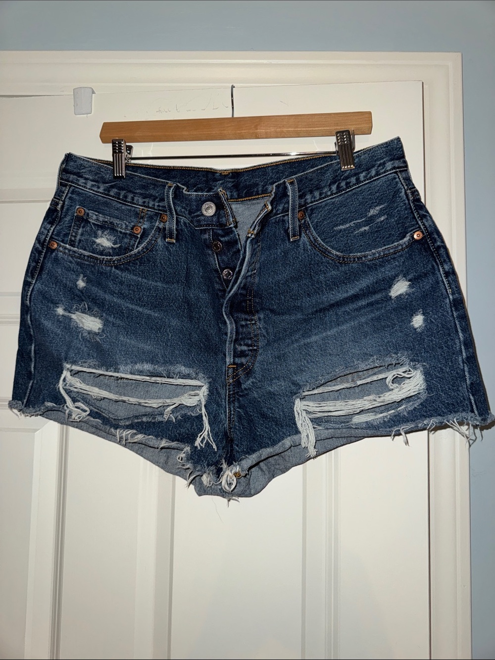 Levi’s Distressed High-Waist Denim Shorts - Dark Blue